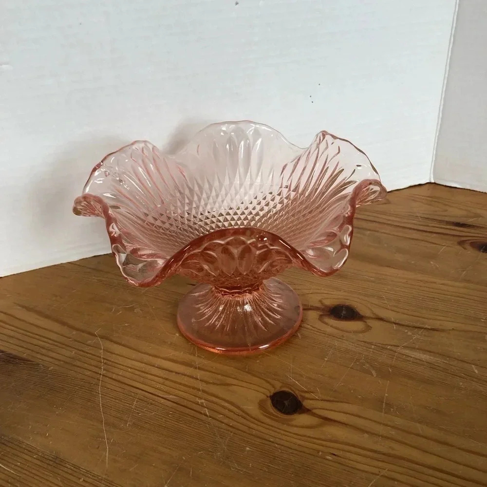 Vintage Pink Ruffle  Footed Glass Compote Dish